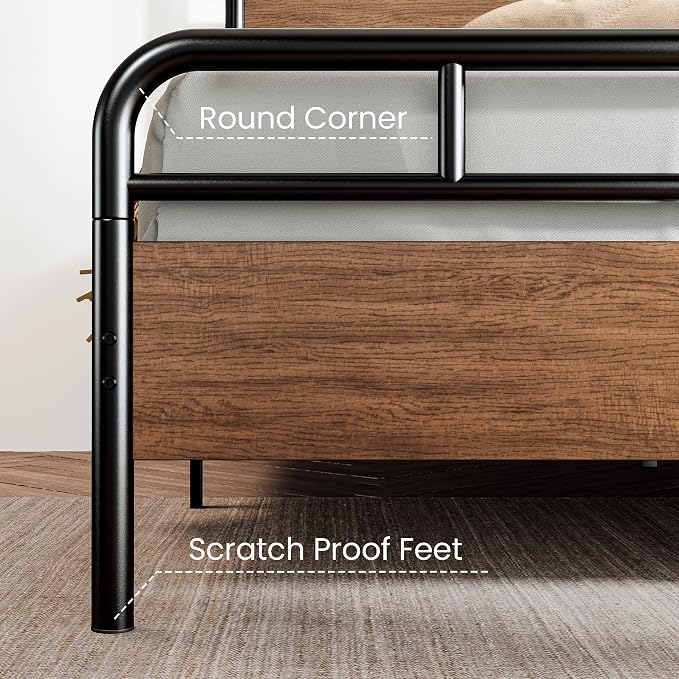 SHA CERLIN Full Size Bed Frame with Wooden Headboard and Footboard, Rounded Corner Metal Structure, Heavy Duty Slats with Under-Bed Storage, No Box Spring Needed, Walnut