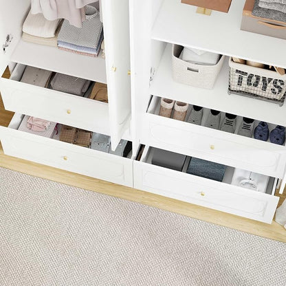 White Wardrobe Closet with Drawers: 74" Large Armoire with 4 Doors and 4 Drawers, Tall Wooden Wardrobe Closet for Hanging Clothes, Modern Bedroom Armoires Closets Cabinet (White)