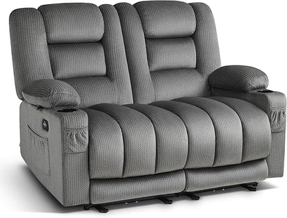 MCombo 55.9" Zero Gravity Power Loveseat Recliner with Heat and Vibration Massage, Reclining Loveseat Sofa with USB Ports, Cup Holders for Living Room, Fabric PR648SET (Grey)