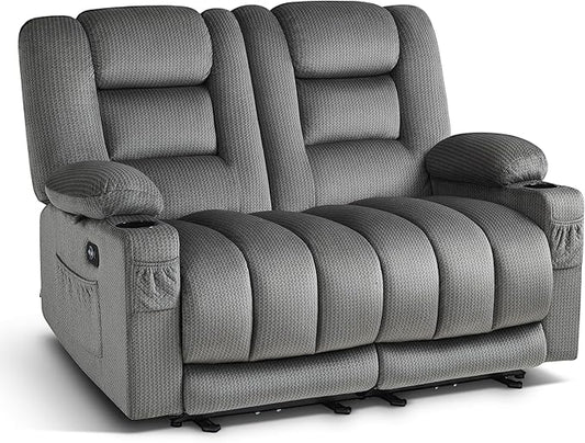 MCombo 55.9" Zero Gravity Power Loveseat Recliner with Heat and Vibration Massage, Reclining Loveseat Sofa with USB Ports, Cup Holders for Living Room, Fabric PR648SET (Grey)