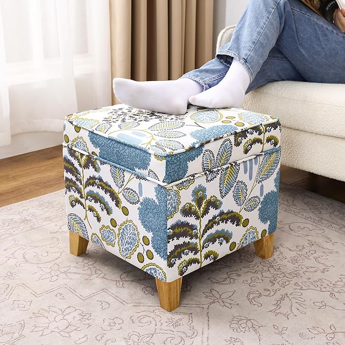 Adeco 18 Inch Linen Storage Ottoman Cube, Upholstered Footstool for Living Room & Bedroom, Vanity Stool with Safety Hinge Lid & Solid Wood Legs, 2-Min Assembly, Blue Leaves