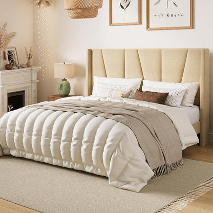 SHA CERLIN Full Size Bed Frame with Geometric Wingback Headboard, Upholstered Platform Bed with Wooden Slats Support, 8" Under-Bed Space, No Box Spring Needed, Easy Assembly, Beige