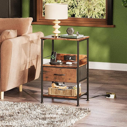 WLIVE Night Stand with Charging Station, LED Nightstand with Fabric Drawer and Open Shelf, Small Bedside Table for Bedroom, Dorm, Small Space, Rustic Brown