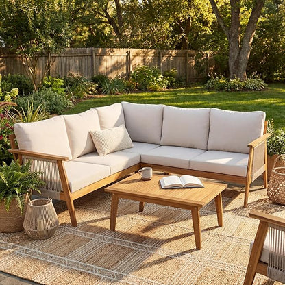 Merax Outdoor 4-Piece Acacia Wood & Rope Sectional Patio Corner Set, L-Shaped Sofa with Coffee Table, Handmade Woven Garden Furniture for Poolside & Deck