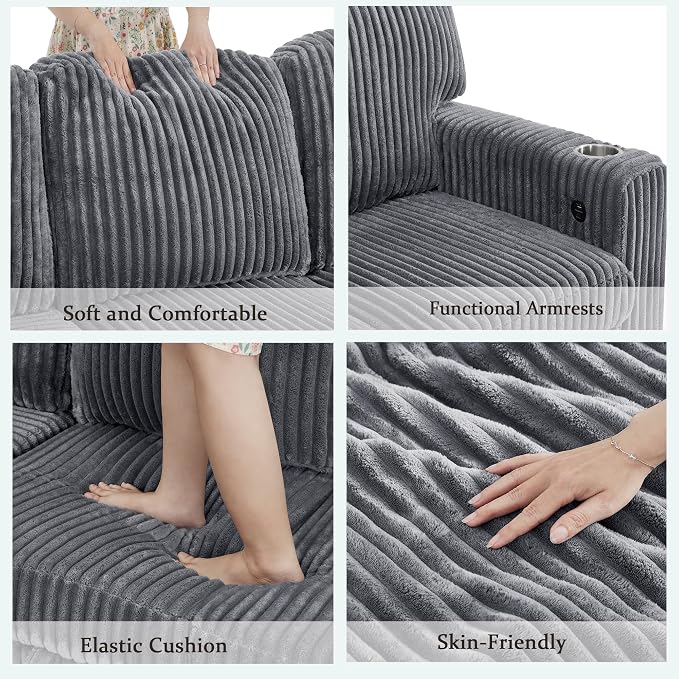Sectional Sleeper Sofa with Pull Out Bed, Plush Corduroy L Shaped Corner Couch with Storage, USB Ports, Cup Holders, Comfy Sectional Couches for Living Room, Grey