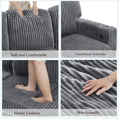 Sectional Sleeper Sofa with Pull Out Bed, Plush Corduroy L Shaped Corner Couch with Storage, USB Ports, Cup Holders, Comfy Sectional Couches for Living Room, Grey