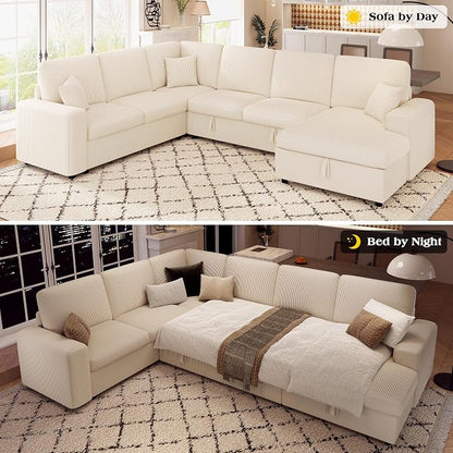 VanAcc 130" Sofa Bed, Sectional Sleeper Sofa with Pull Out Bed, Sleeper Couch with Storage, 6 Seater Couch for Living Room, Corduroy Off-White