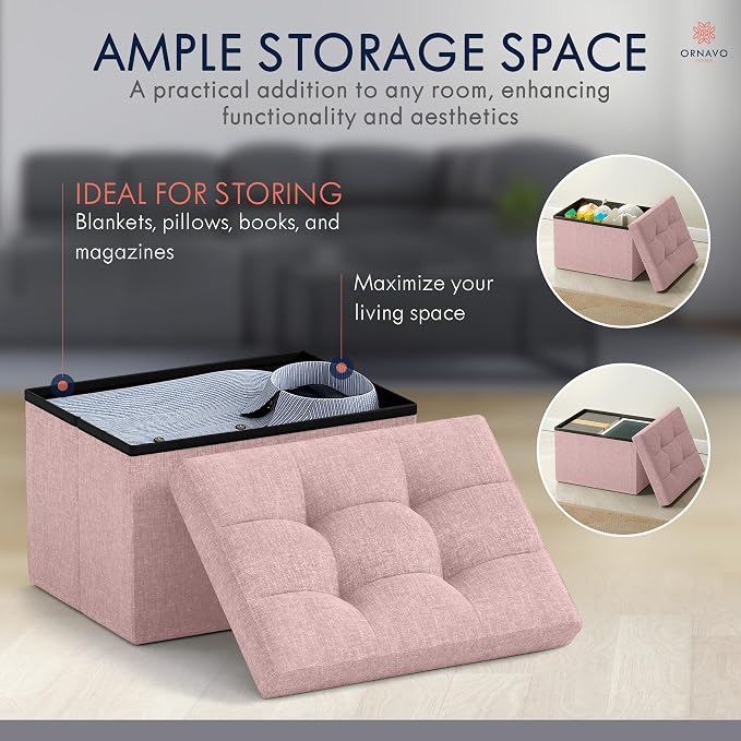Ornavo Home Small Storage Ottoman, Set of 2, Foldable Collapsible Rectangle Linen Ottoman Foot Rest Stool Seat, for Living Room, Bedroom, Home Office, Dorm - 12 x 16 x 12, Pink