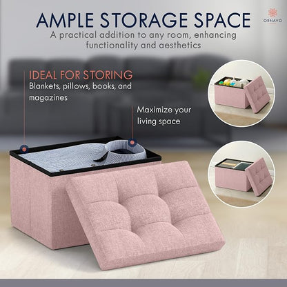 Ornavo Home Small Storage Ottoman, Set of 2, Foldable Collapsible Rectangle Linen Ottoman Foot Rest Stool Seat, for Living Room, Bedroom, Home Office, Dorm - 12 x 16 x 12, Pink