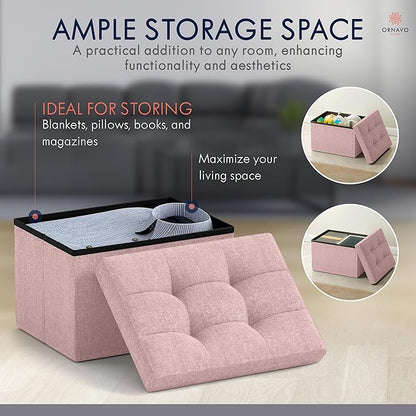 Ornavo Home Small Storage Ottoman Foldable Collapsible Rectangle Linen Ottoman Foot Rest Stool Seat, for Living Room, Bedroom, Home Office, Dorm - 12 x 16 x 12, Pink