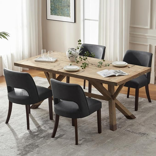VKNOW Modern Dining Chairs Set of 4 with Rubberwood Legs, Black | Faux Leather, Curved Back, For family, Kitchen Dining Room Restaurant Reception Room, No wobble, 80% pre-installed