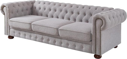 Chesterfield Sofa, 89" Mid Century Modern Couch with Low Back, Roll Arm Nailhead Trim Classic 3 Seater Couch for Living Room, Office, Apartment, Linen Light Grey