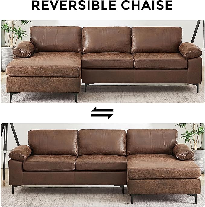 VANOMi 100" W Faux Leather Sofa with Reversible Chaise for Apartment | Dark Brown Faux Leather L-Shaped Couch for Living Room, Office, 3 Seater, Sectional