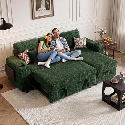 Vipbear Premium 86" Modular Sectional Chenille Sleeper Sofa, 3 Seat Sleeper Sofa with Pull Out Bed, L Shaped Couch with USB Ports|Storage Armrests&Chaise|Cup Holders| Side Table, Green