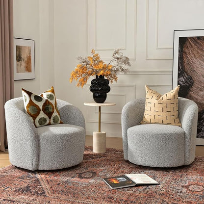 KINWELL 34" W Swivel Barrel Chair Set of 2, Mid Century Modern Round Upholstered Boucle Swivel Accent Chairs, No Assembly Sofa Chair for Living Room Bedroom Reading, Black White