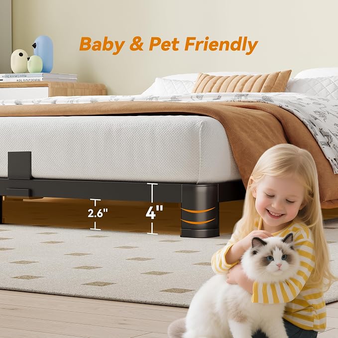 NKZ Full Platform Bed Frame 4 Inch, Heavy Duty Metal Low Profile Bed Frame with Round Corner Legs, 3500lbs Weight Capacity Reinforced Frame, No Box Spring Needed，Noise-Free, Easy Assembly