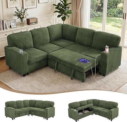 Sectional Sleeper Sofa with Pull Out Bed, Plush Corduroy L-Shaped Couch with Storage, USB Ports, Cup Holders, Comfy Sectional Couches for Living Room, Apartment, Green
