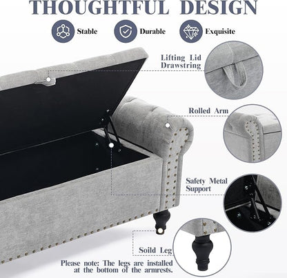 55" Storage Bench for Bedroom, Upholstered Ottoman Bench Chenille LightGray | End of Bed Bench for Bedroom, Window Benches for Living Room, Entryway, Ottoman with Large Storage Space, Pet Friendly