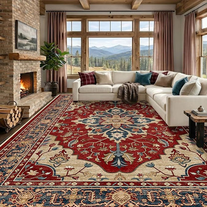RELEANY Area Rugs Large 10'x14' Washable Non-Slip, Floral Vintage Distress Medallion Carpet for Living Room Bedroom Dining Room, Red Blue