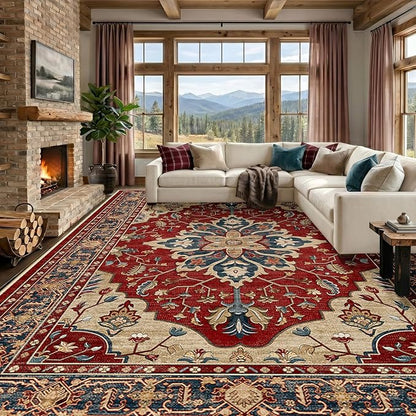 RELEANY Area Rugs Large 9'x12' Washable Non-Slip, Floral Vintage Distress Medallion Carpet for Living Room Bedroom Dining Room, Red Blue