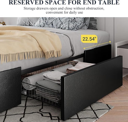 Allewie Queen Size Platform Bed Frame with 3 Storage Drawers, Fabric Upholstered, No Box Spring Needed, Metal Slats Support, Easy Assembly, Black