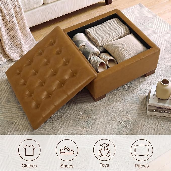 30 Inch Square Storage Ottoman Coffee Table, Modern Tufted Upholstered Ottoman with Flip Tray and Solid Wood Legs, Suitable for Living Rooms, Faux Leather Brown