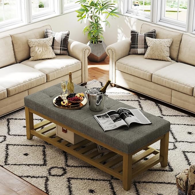 Befurtori Large Rectangular Upholstered Ottoman Bench, Linen Tufted Footrest Ottoman with Solid Wood Shelf Storage Coffee Table for Bedroom Living Room, Granite