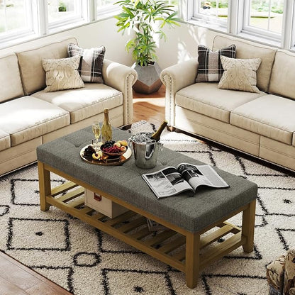 Befurtori Large Rectangular Upholstered Ottoman Bench, Linen Tufted Footrest Ottoman with Solid Wood Shelf Storage Coffee Table for Bedroom Living Room, Granite