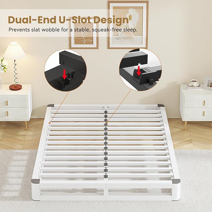 6 Inch Full Size Bed Frame with Rounded Corner and Squeak Free U-Slot Design, Metal Platform Bed Frames 6 Non-Slip Guards, 3500lbs Heavy Duty Steel Slat Support, No Box Spring Needed, White