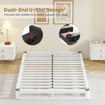 6 Inch Full Size Bed Frame with Rounded Corner and Squeak Free U-Slot Design, Metal Platform Bed Frames 6 Non-Slip Guards, 3500lbs Heavy Duty Steel Slat Support, No Box Spring Needed, White
