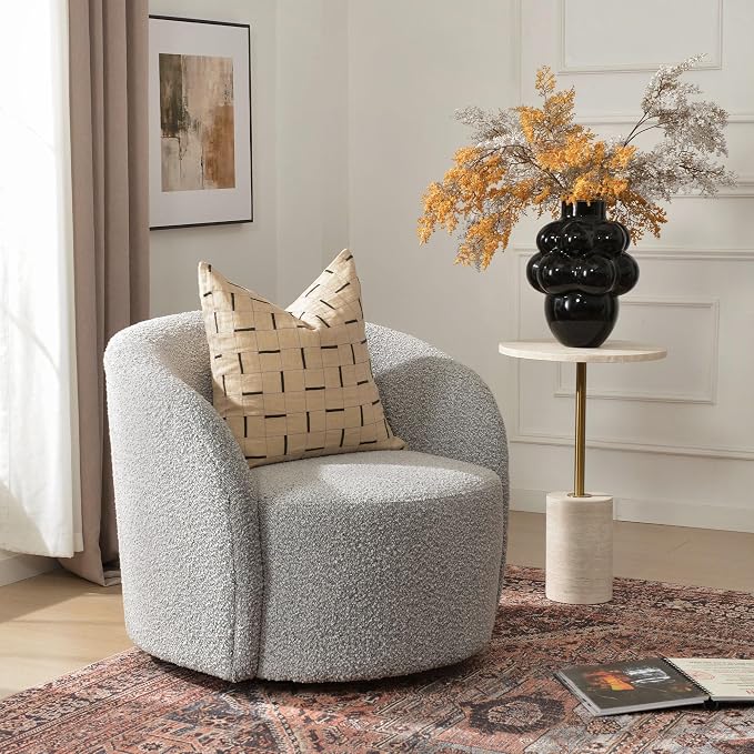 KINWELL 34" W Mid Century Modern Swivel Barrel Chair, Round Upholstered Boucle Swivel Accent Chairs, No Assembly Sofa Chair for Living Room Bedroom Reading Apartment Lounge Nursery(Black White)