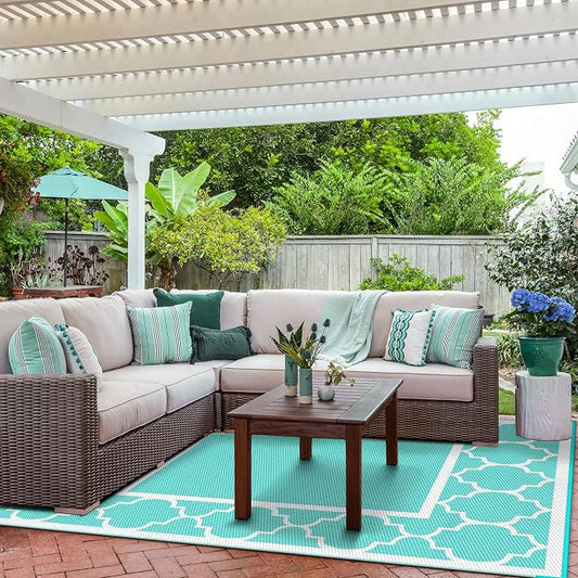 GENIMO 5 ' x 8 ' Outdoor Rug for Patio Clearance, Waterproof Indoor Outdoor Plastic Straw Rugs Carpet, Reversible Outside Area Mat for Camping, Balcony Porch, Deck, Picnic, Beach Aqua Blue & White