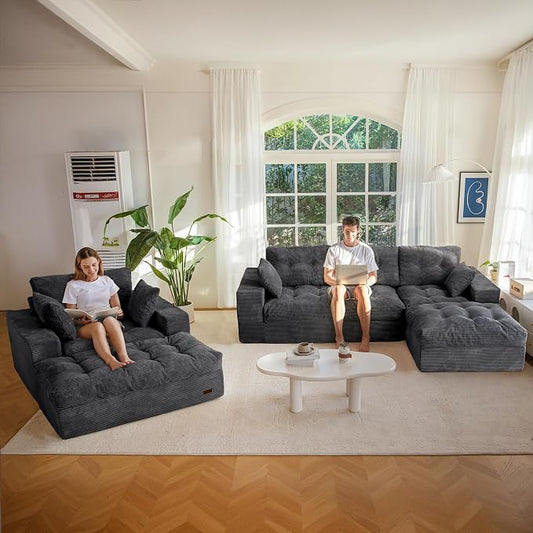 MAXYOYO Sectional Sofa Couch and Chaise Lounge, L Shaped Modern Cloud Couch with Ottoman, Comfy Sofa with Layered Cushion, Tufted Upholstered Sleeper Chair for Living Room, No Assembly Required, Grey
