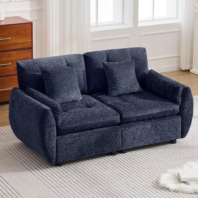 57" Modular Loveseat Cloud Sofa, Deep Seat Tufted Chenille Sectional Love Seat Couch with Curved Arms, 2-Seater Couches for Living Room, Blue