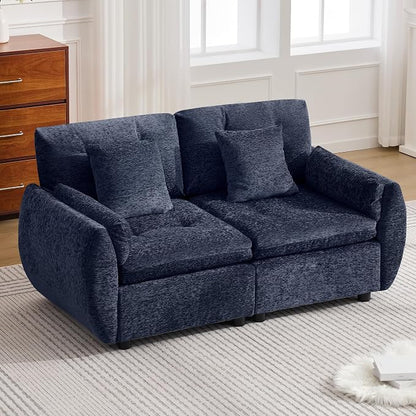 57" Modular Loveseat Cloud Sofa, Deep Seat Tufted Chenille Sectional Love Seat Couch with Curved Arms, 2-Seater Couches for Living Room, Blue