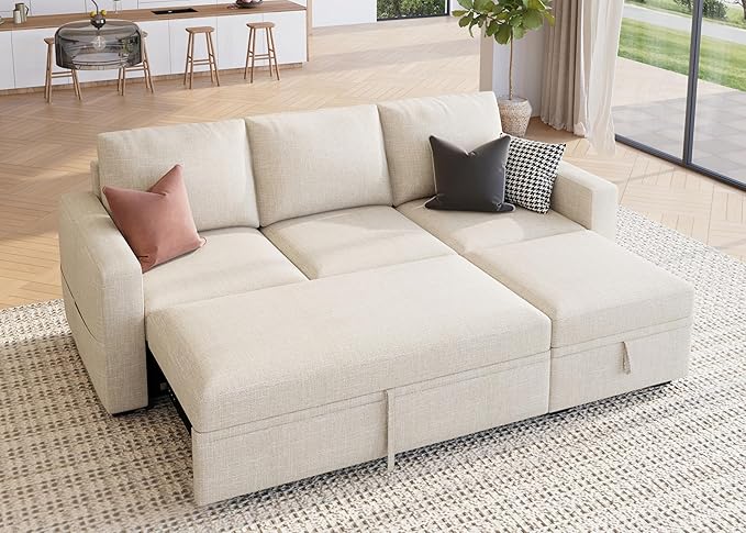 HONBAY Modular Sectional Sleeper Sofa with Pull Out Bed, L Shaped Couch with Storage Seat, Modular Sectional Couches for Living Room - Beige