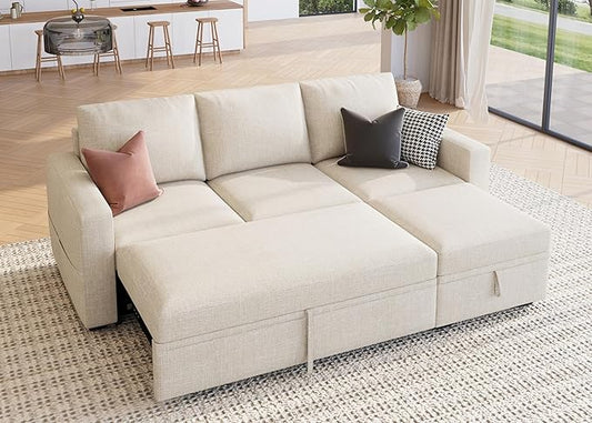 HONBAY Modular Sectional Sleeper Sofa with Pull Out Bed, L Shaped Couch with Storage Seat, Modular Sectional Couches for Living Room - Beige
