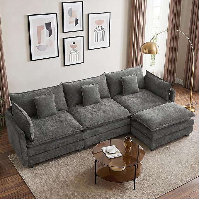 113” Modular Sectional Sofa, L Shaped Cloud Couch with Movable Ottoman, Comfy Chenille Deep Seat Sofa with Throw Pillows, 4 Seat Modern Couches for Living Room Bedroom Apartment, Grey