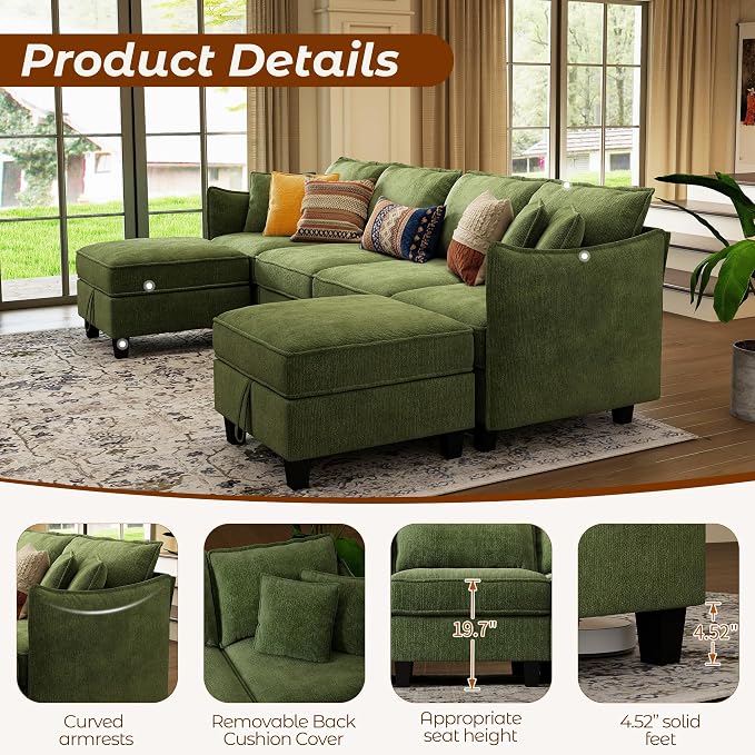 WorthFurni 112" Modular Sectional Sofa U Shape Couches with Storage Ottoman and Washable Cushion Cover for Living Room, Bedroom, Apartment(Green)