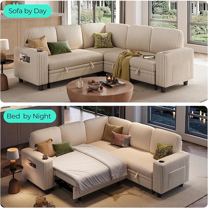 LINSY HOME 81" Modular Sectional Couch with Pull Out Bed, L Shaped 5 Seats Sofa with Storage Loveseat, Corduroy Convertible Sofa Bed, USB, Cup Holders, Side Pocket, Sleeper Sofa for Living Room, Beige