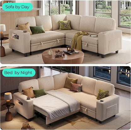 LINSY HOME 81" Modular Sectional Couch with Pull Out Bed, L Shaped 5 Seats Sofa with Storage Loveseat, Corduroy Convertible Sofa Bed, USB, Cup Holders, Side Pocket, Sleeper Sofa for Living Room, Beige