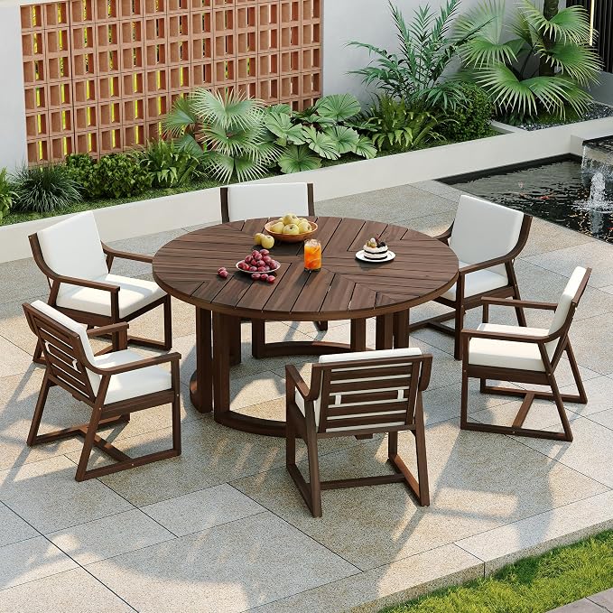 Quarte 7-Piece Patio Dining Table Set, Round Dining Table with 1.96" Umbrella Hole, Outdoor Wooden Patio Furniture Set for Garden, Backyard and Pools (Mocha-7)