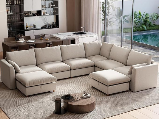 Ihanherry 146" Oversized Modular Sectional Sofa, Modern V Shaped Cloud Couch with 2 Storage Ottoman, 8-Seat Comfy Chenille Deep Seat Sofa with 2 Pillows for Living Room, Khaki