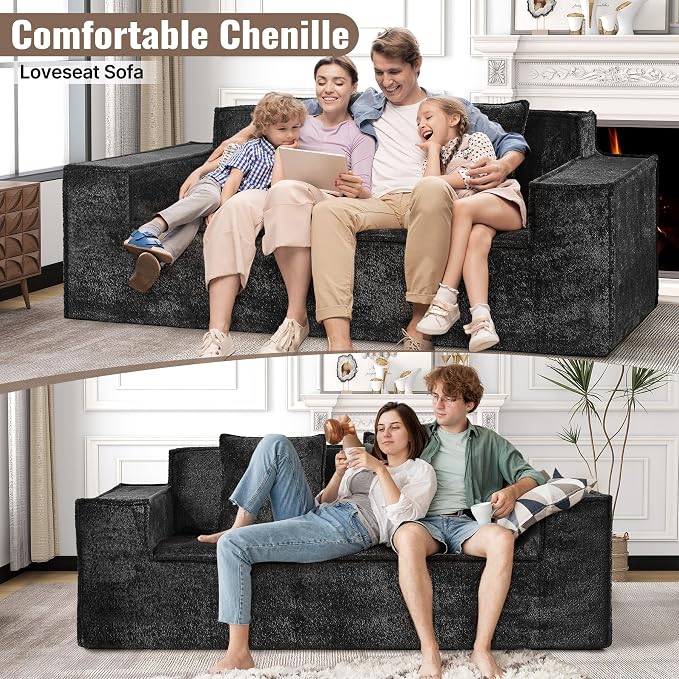 77'' Modern Cloud Loveseat Sofa in Chenille, Deep Seat Boneless Couches Includes 2 pcs Pillows for Living Room, Bedroom, Apartment(Black)