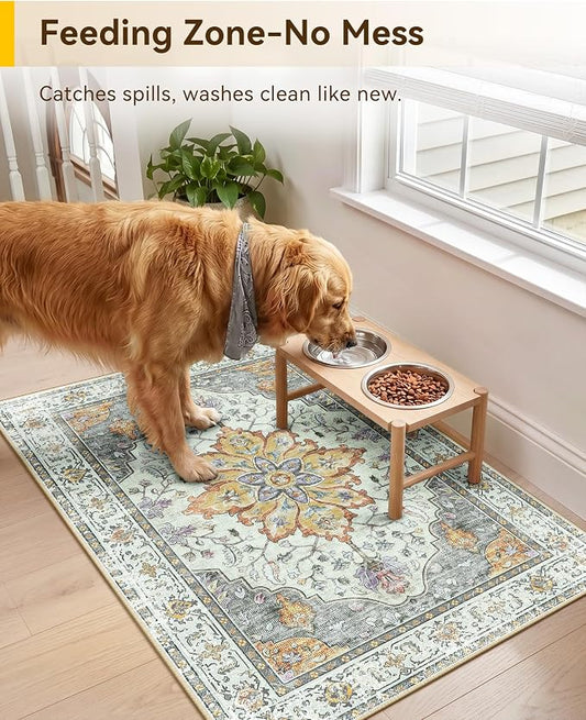 RELEANY Area Rugs Small 2'x3' Washable Non-Slip, Floral Vintage Distress Medallion Carpet for Kitchen Entryway Bathroom, Beige Carbon Grey Orange