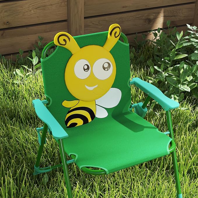 Qaba Kids Picnic Table and Chair Set, Outdoor Activity Table with Foldable Chairs, Removable Umbrella, Bee Pattern Toddler Patio Furniture for Backyard, Garden, Green
