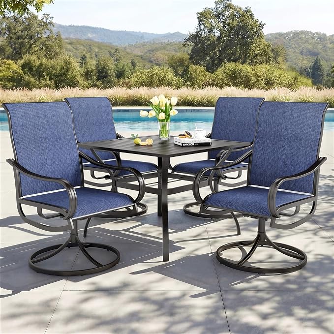 PHI VILLA 5 PCS Outdoor Patio Dining Set with Swivel Dining Chairs (Blue) and 37"x 37" Metal Steel Dining Table(1.57" Umbrella Hole), All Weather Patio Dining Furniture Set for Deck Lawn Garden
