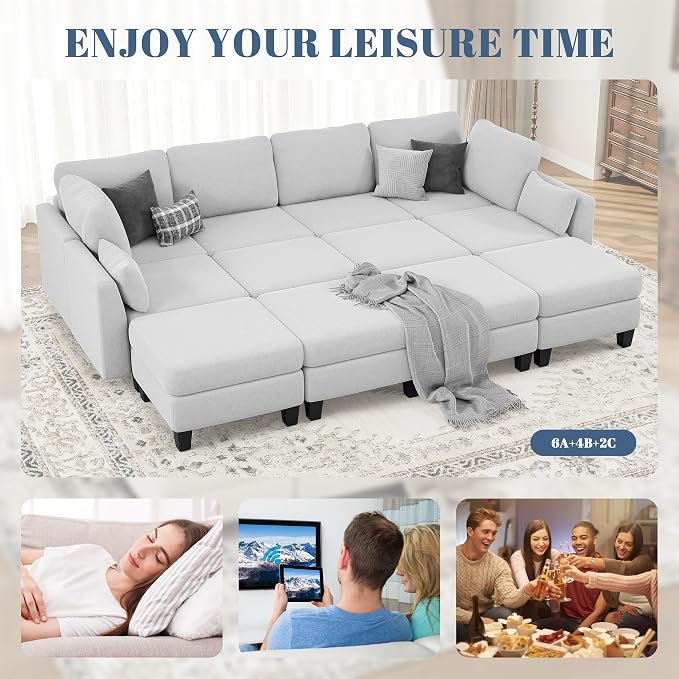 Sectional Sleeper Sofa, 8 Seaters Modular Sleeper Sofa Couch, Comfy Sectionals Couches Bed, Convertible Sofas with Ottomans, Modular Sectional Couches for Living Room, Light Grey