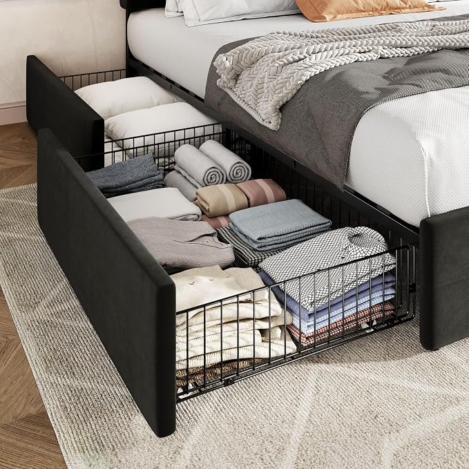 Allewie Upholstered Queen Size Platform Bed Frame with 4 Storage Drawers and Adjustable Headboard, Square Button Tufted, Wooden Slats Support, Noise-Free, No Box Spring Needed, Easy Assembly, Black