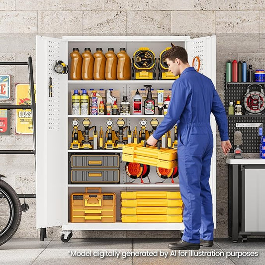 Metal Garage Storage Cabinet with Locking Doors and Adjustable Shelves, Wide & Deep Storage Cabinet on Wheels, 71" Rolling Tool Cabinet for Garage, Basement, Home Office